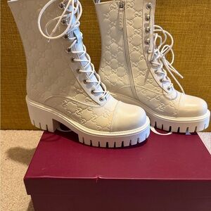 Gucci White Embossed Lace-Up Lug Ankle Boots